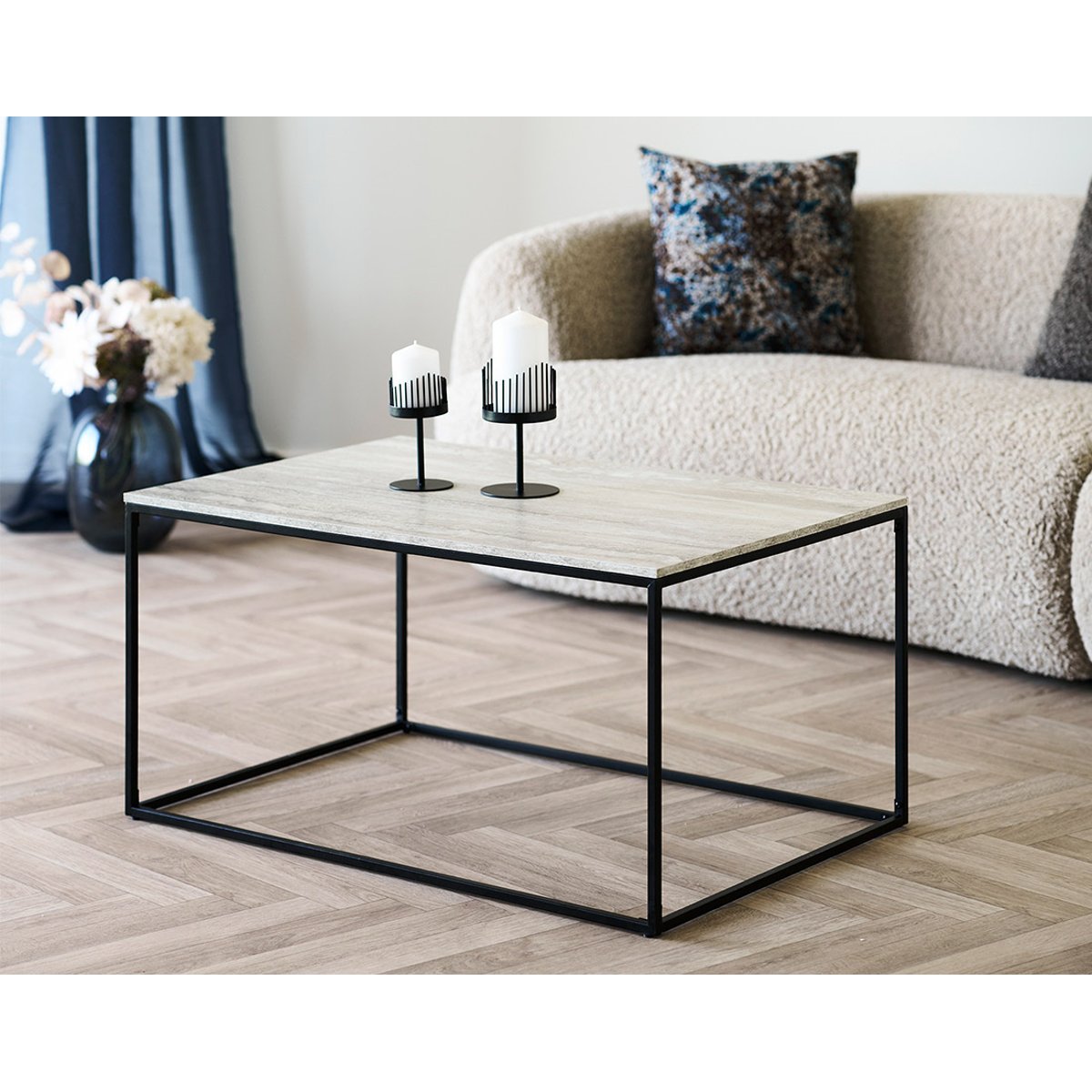 Table basse plateau effet travertin, MAYA beige / noir, BEST MOBILIER