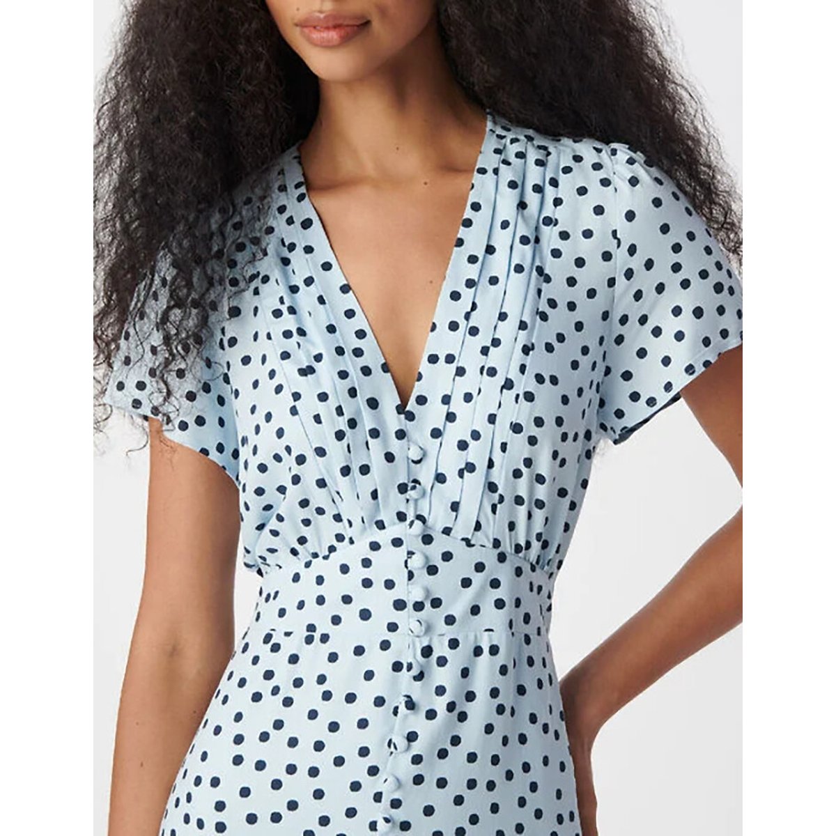 Abito svasato con scollo a V e maniche corte a pois blu chambray, IKKS