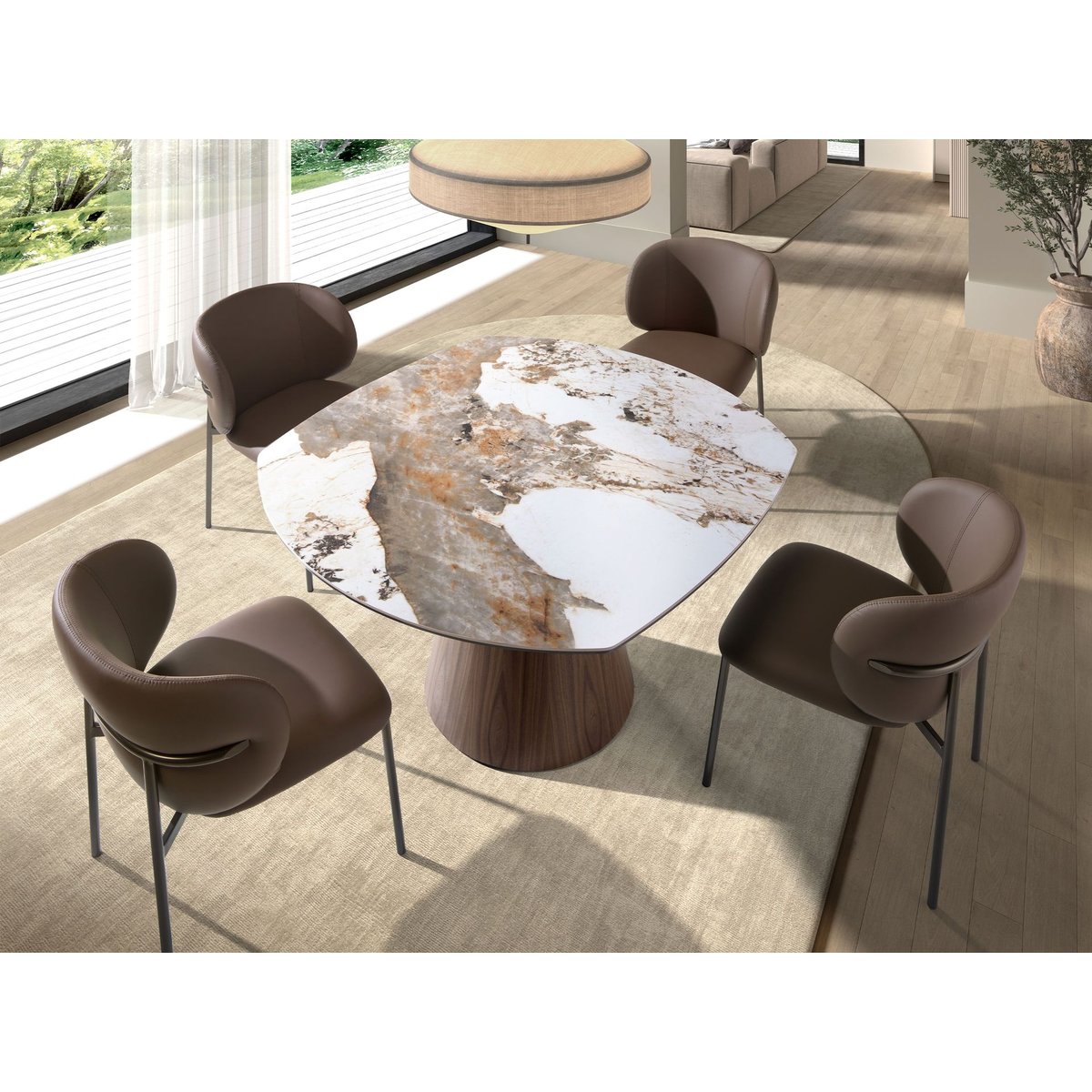 Table de salle à manger extensible ovale en forme de tonneau en marbre porcelanique et bois blanc | noyer, ANGEL CERDA