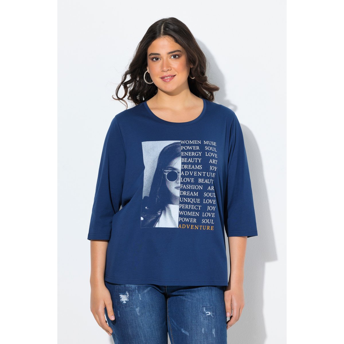 T-shirt avec imprimé photo/message bleu foncé, ULLA POPKEN