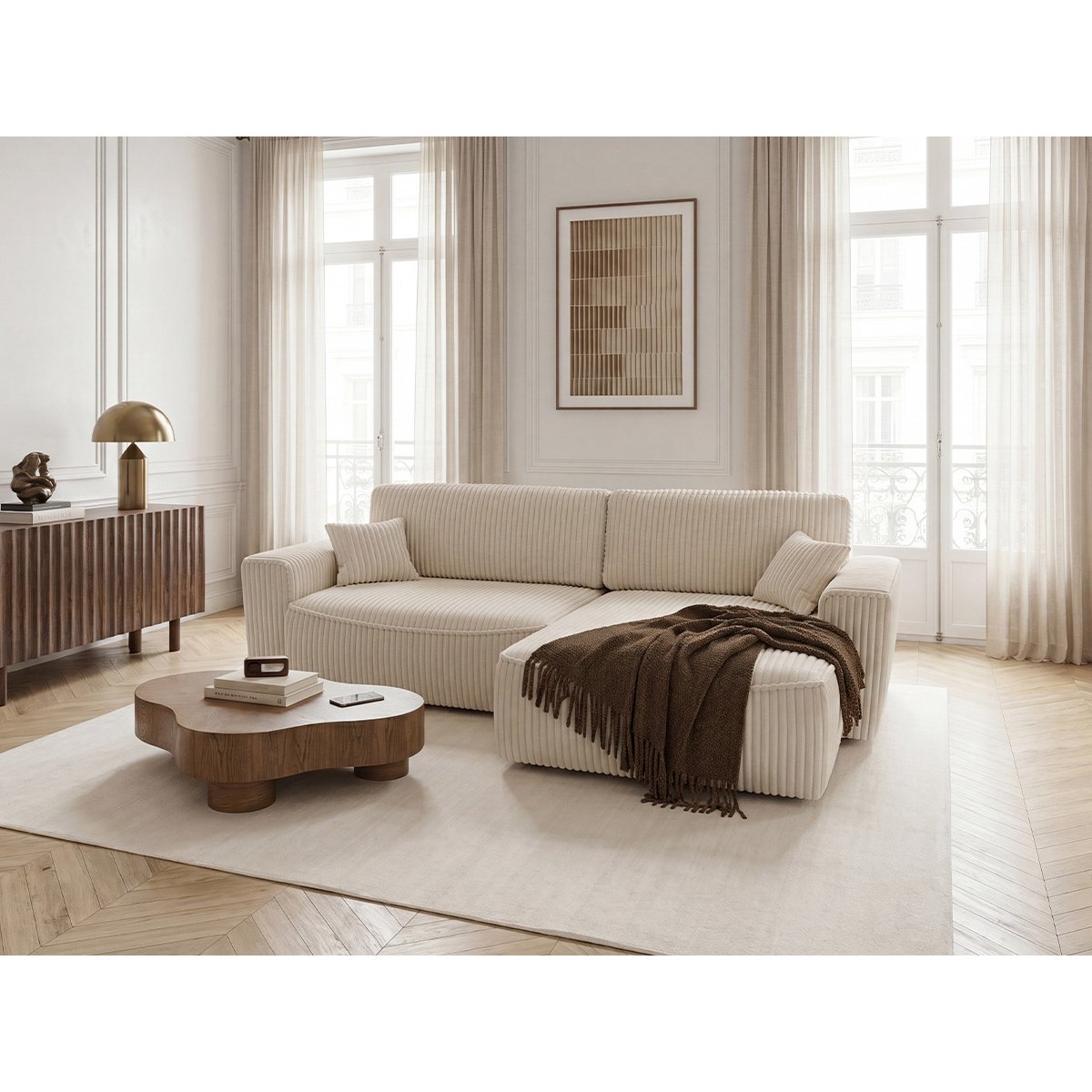 Canapé d'angle convertible places en gros côtelé doux, AUSTIN beige, BOBOCHIC
