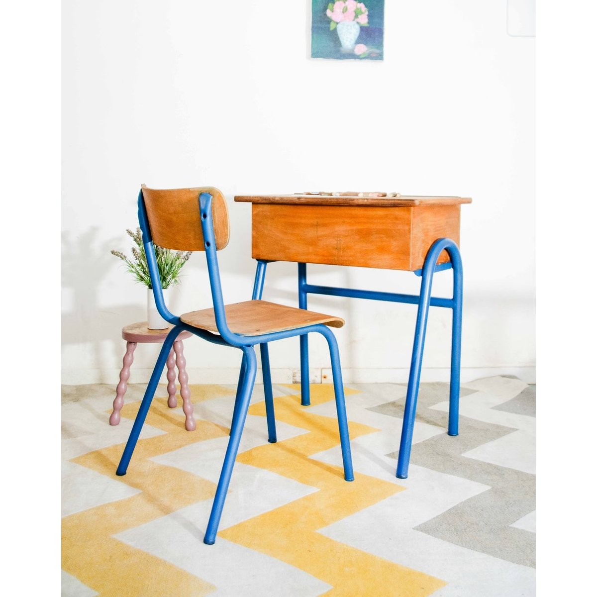 Bureau et la chaise d'écolier Edouard N°1059 - Bon état bois foncé, DEBONGOUT