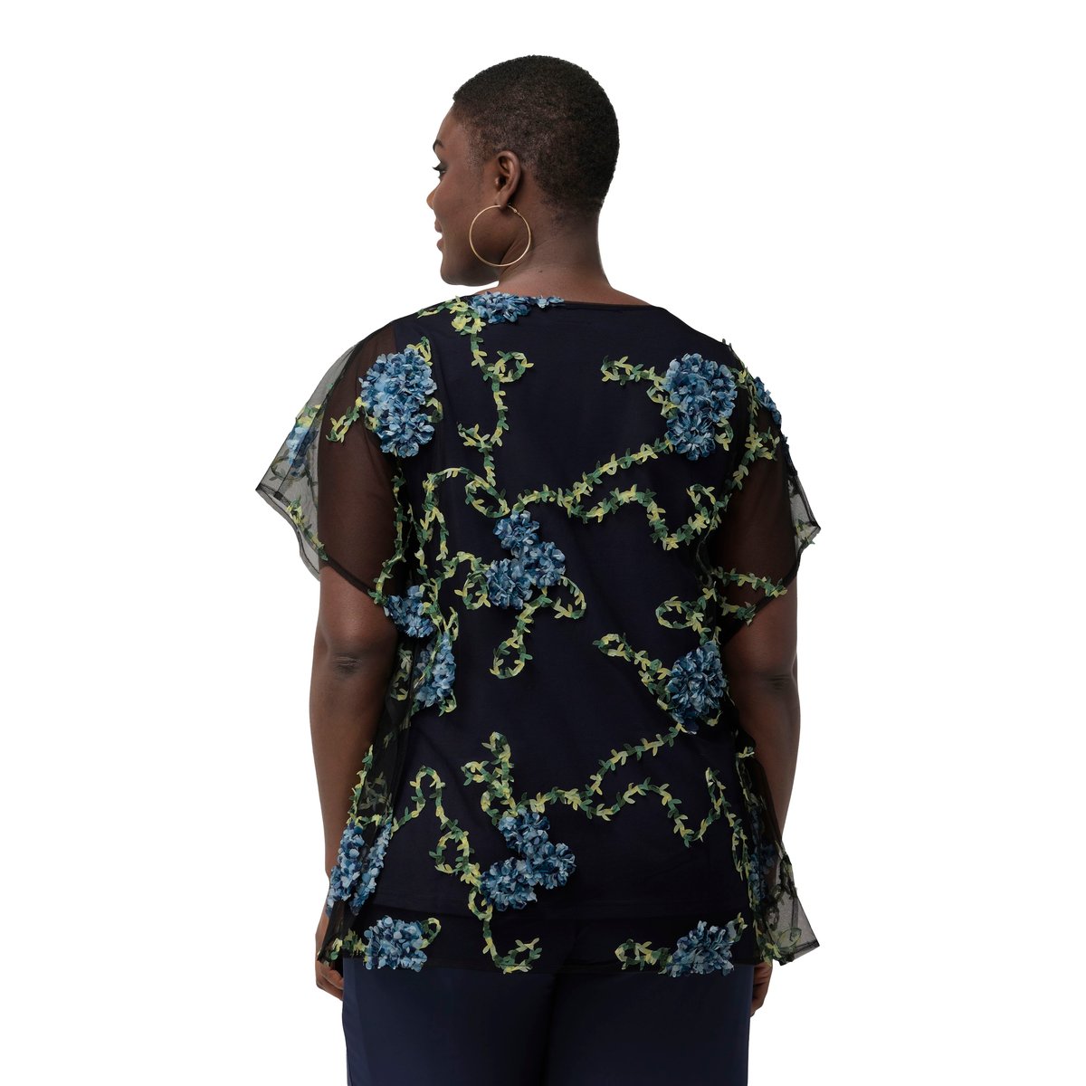 Blouse, broderie florale, doublée, col rond bleu nuit, ULLA POPKEN