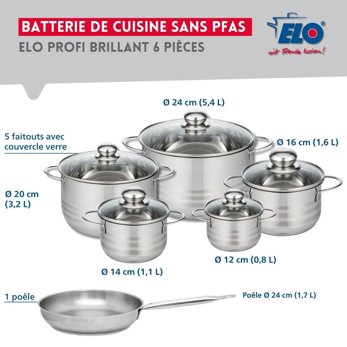 1 poêle 24cm + 5 faitouts 12/14/16/20/24cm PROFI BRILLANT gris, ELO