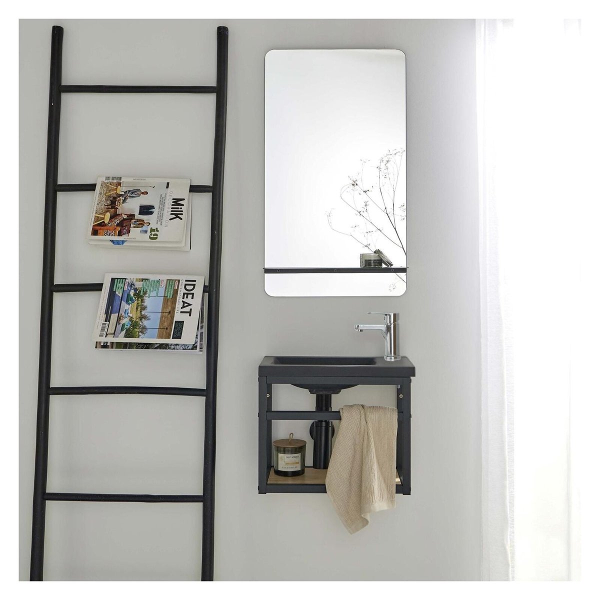 Ensemble lave-mains gain de place avec miroir tablette HAMPTON noir, MOB IN