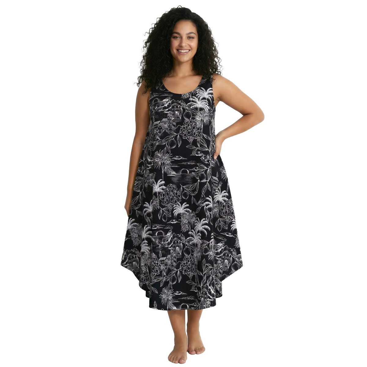 Robe midi sans manches, motif palmiers noir, ULLA POPKEN