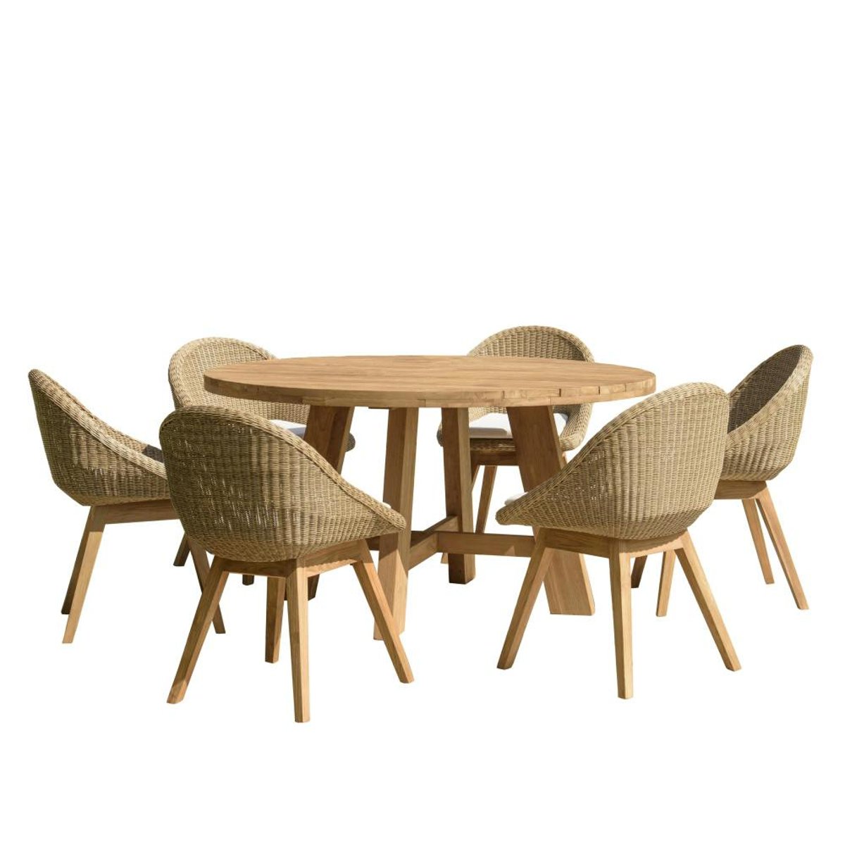 Salon de jardin teck naturel 1 table ronde 150 cm + 6 chaises arrondies résine tressée MANY bois naturel, PIER IMPORT