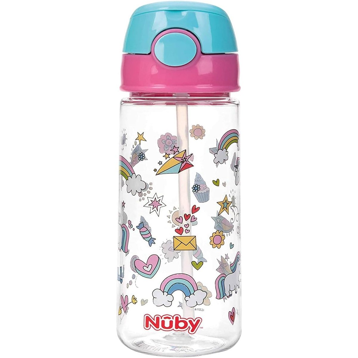 Gobelet paille souple et bouton 540ml rose, NUBY