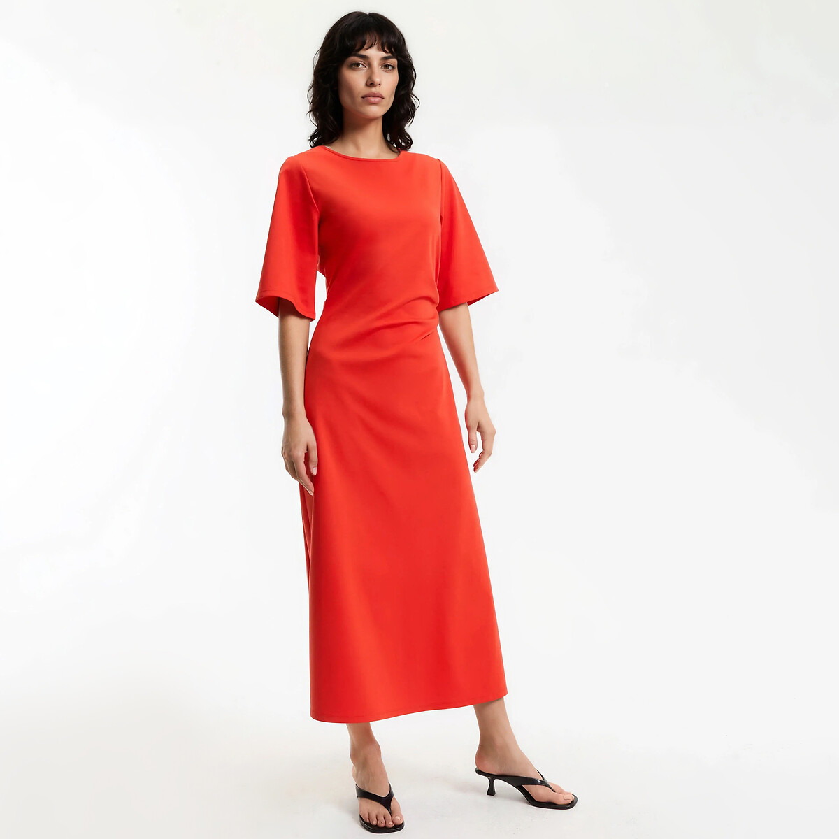 Robe midi manches coudes à taille drapée rouge, LA REDOUTE COLLECTIONS