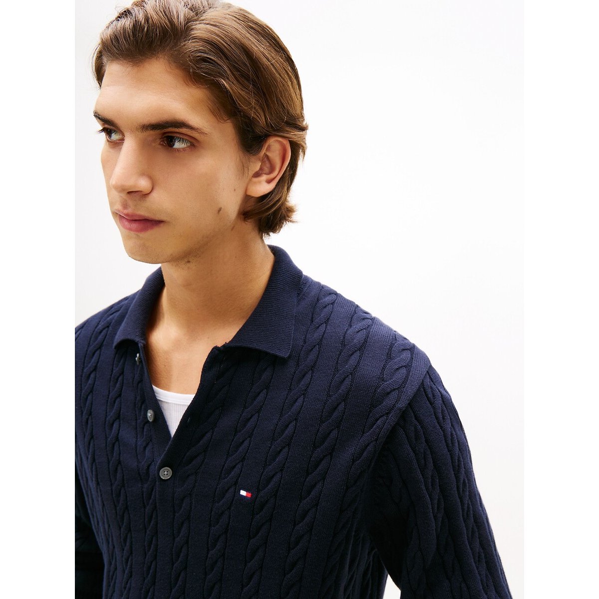 Pull structuré col chemise boutonné bleu marine, TOMMY HILFIGER