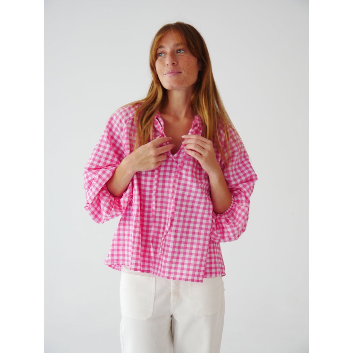Blouse vichy col noué MATILDE rose / fuchsia, MINDTRAVELER