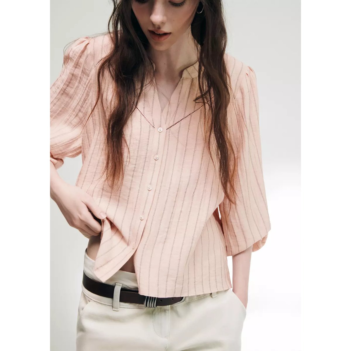 Blouse rayée avec détails ajourés rose pastel, MANGO TEEN