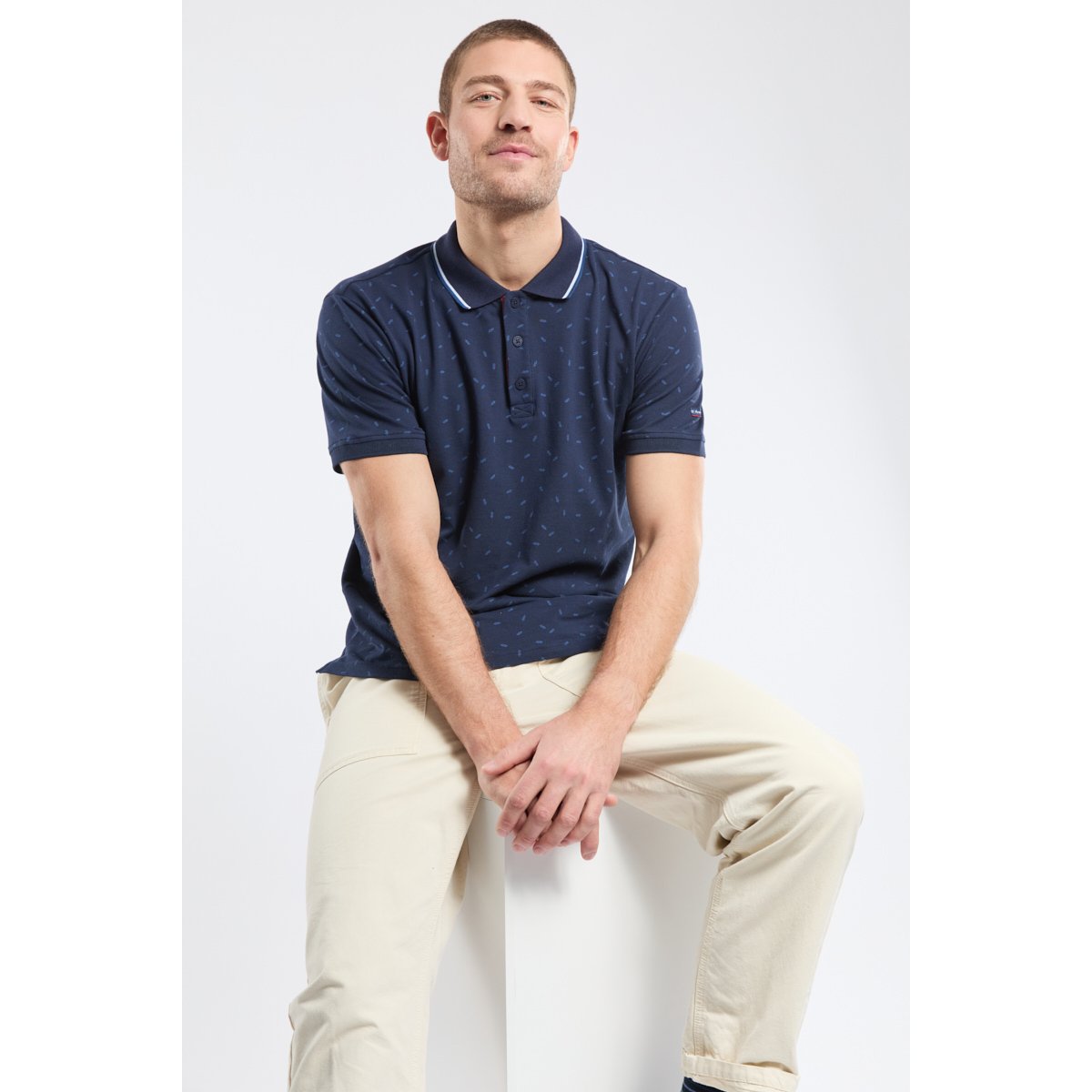 Polo micro-motifs en maille piquée n½uds marine/obscur, ARMOR-LUX