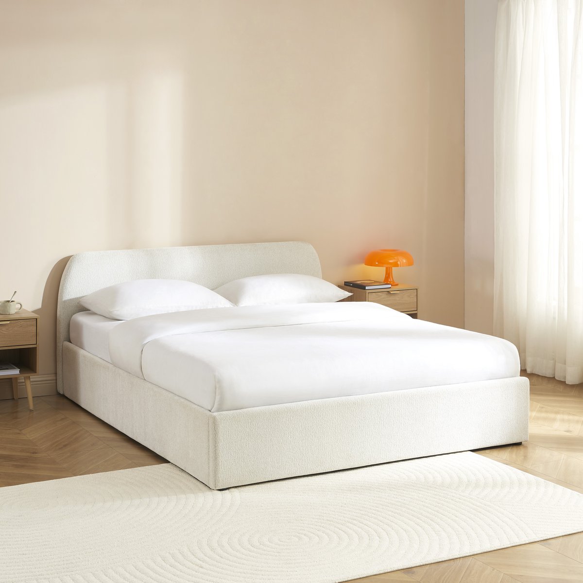 Lit coffre tissu chenille avec sommier GELA ecru, BAÏTA
