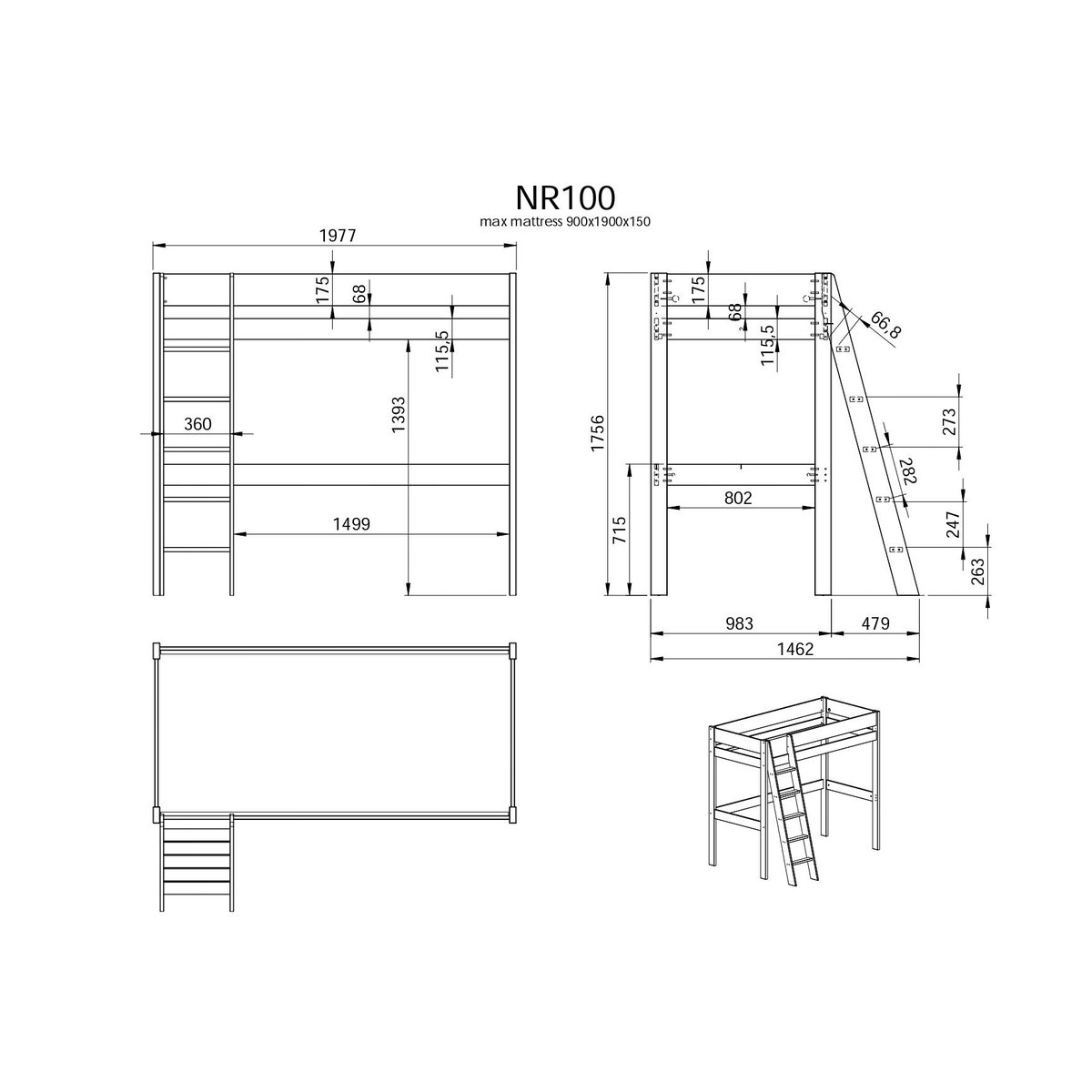 Lit mezzanine 90 x 190 cm - TIMON blanc, CAMIF