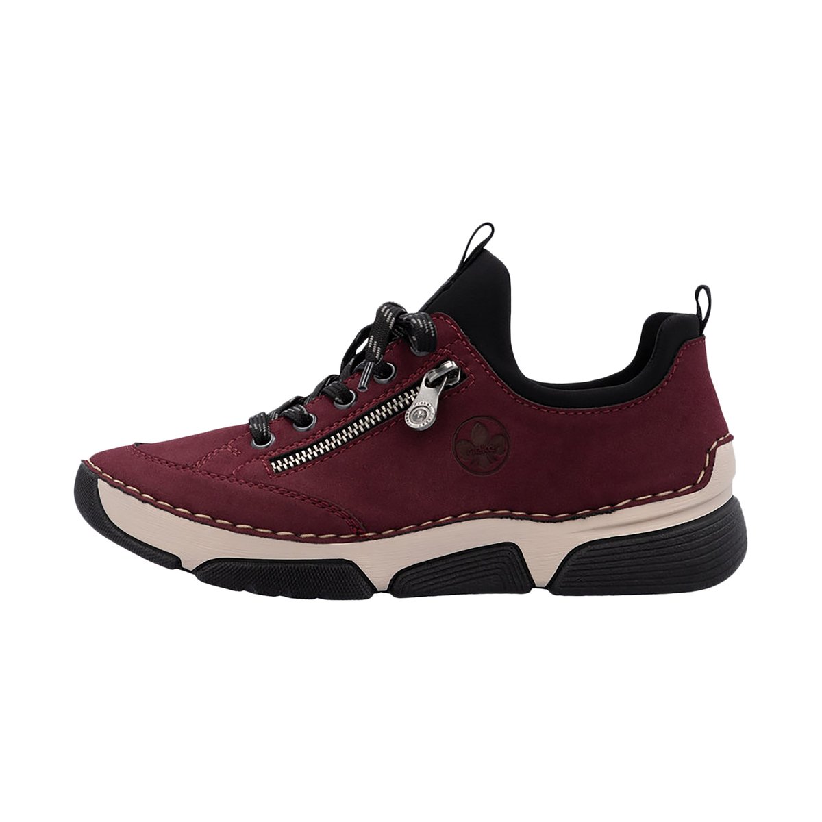 Sneakers noires à talon compensé bas avec semelle beige et zip latéral rouge, RIEKER