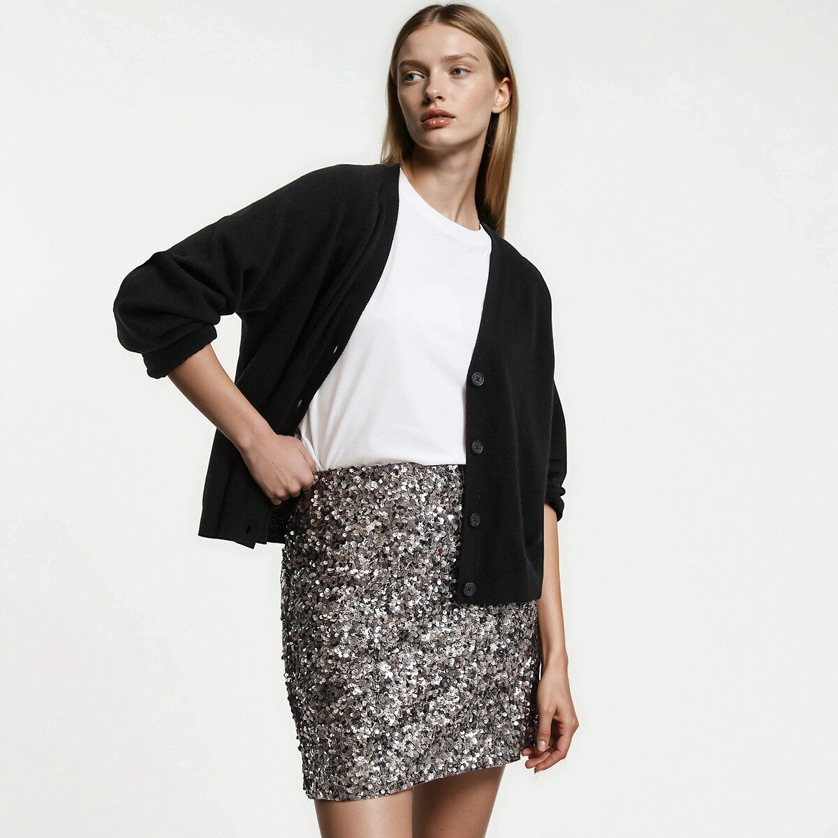 Gilet en fine maille cachemire, boutonné noir, LA REDOUTE COLLECTIONS