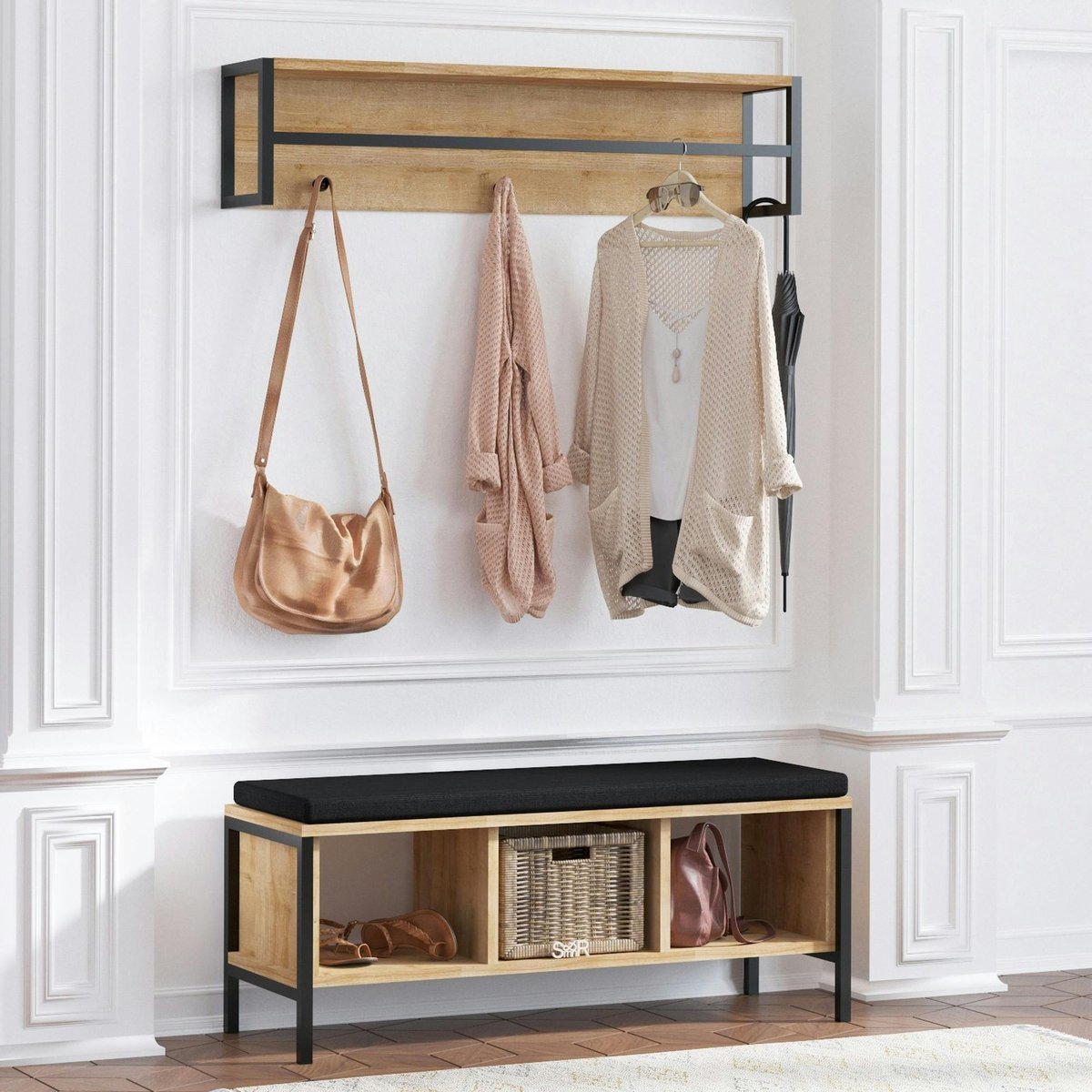 Banc d'entrée noir avec rangement et portemanteau MARFA bois naturel, PIER IMPORT