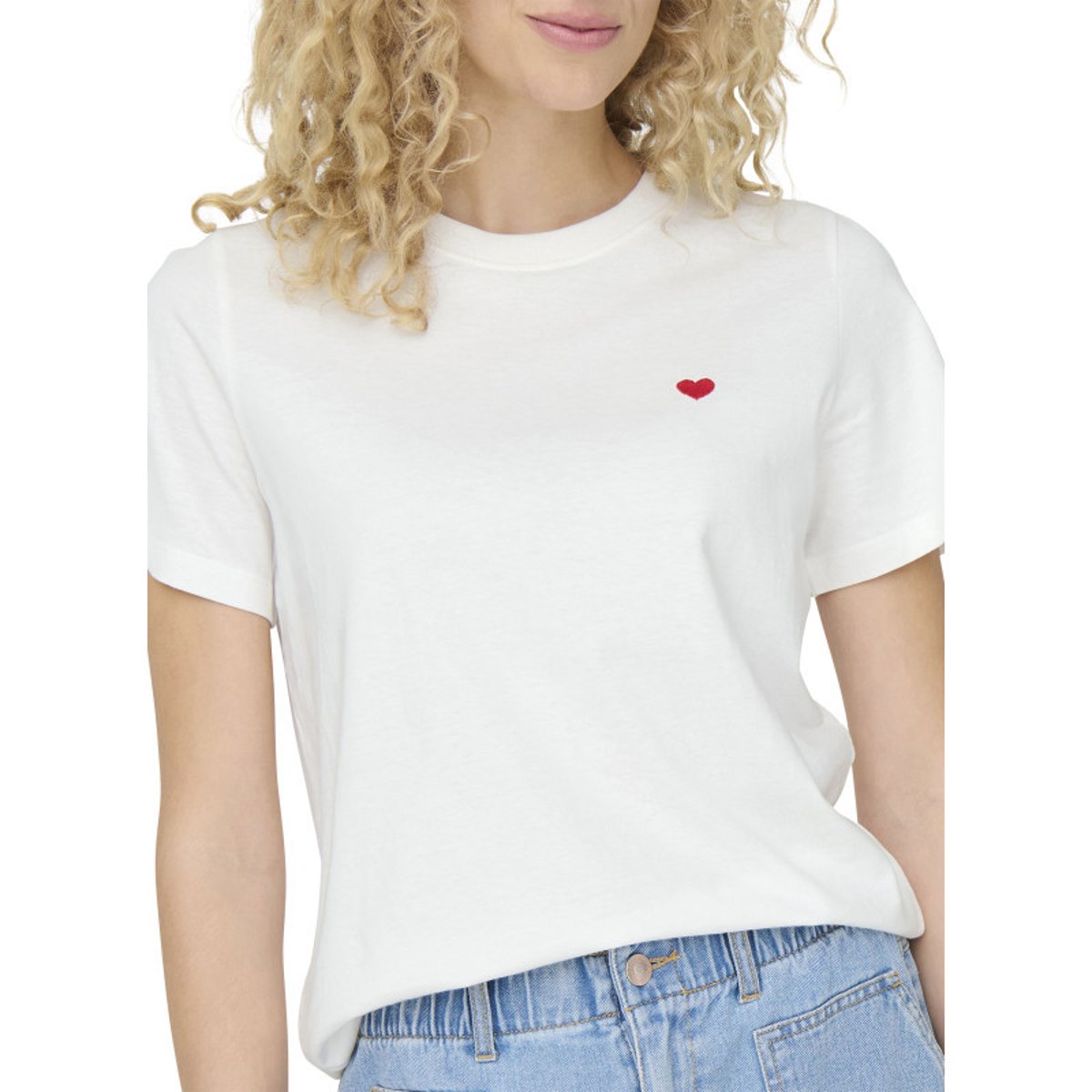 T-shirt en coton blanc uni avec une coupe droite et un col rond blanc, JDY