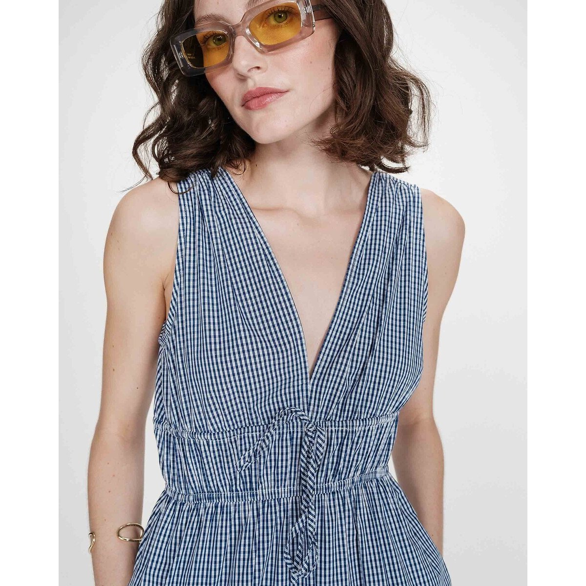 Robe longue à carreaux, col v VELMIRA bleu marine, GRACE & MILA