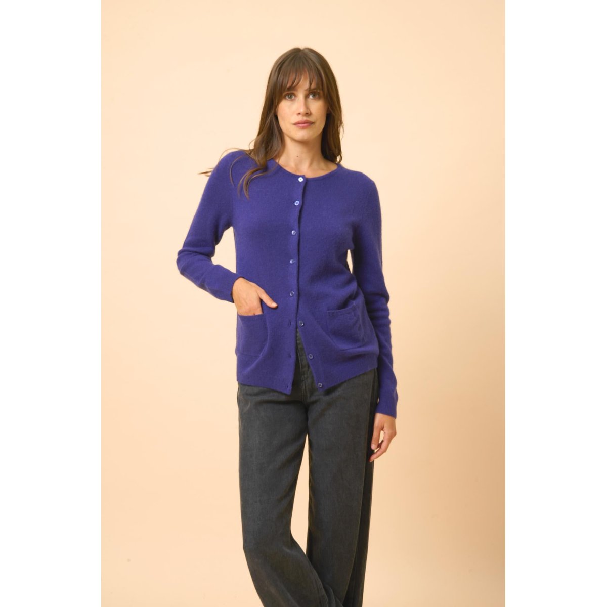 Cardigan Col Rond Purple Katharine violet foncé, JUST CASHMERE