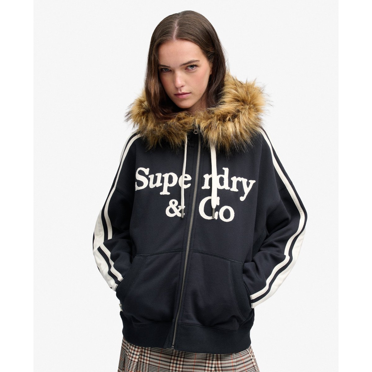 Sweat zippé à capuche Vintage Fur Applique coupe oversize bleu marine éclipse, SUPERDRY