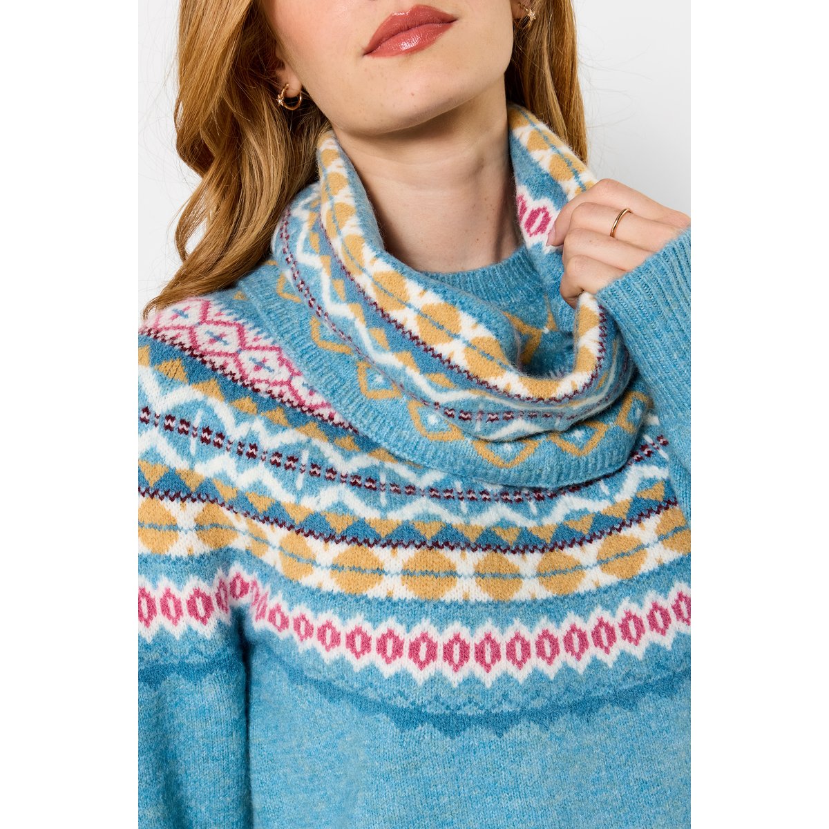 Fantastique Pull Fair Isle avec Snood Assorti bleu, JOE BROWNS