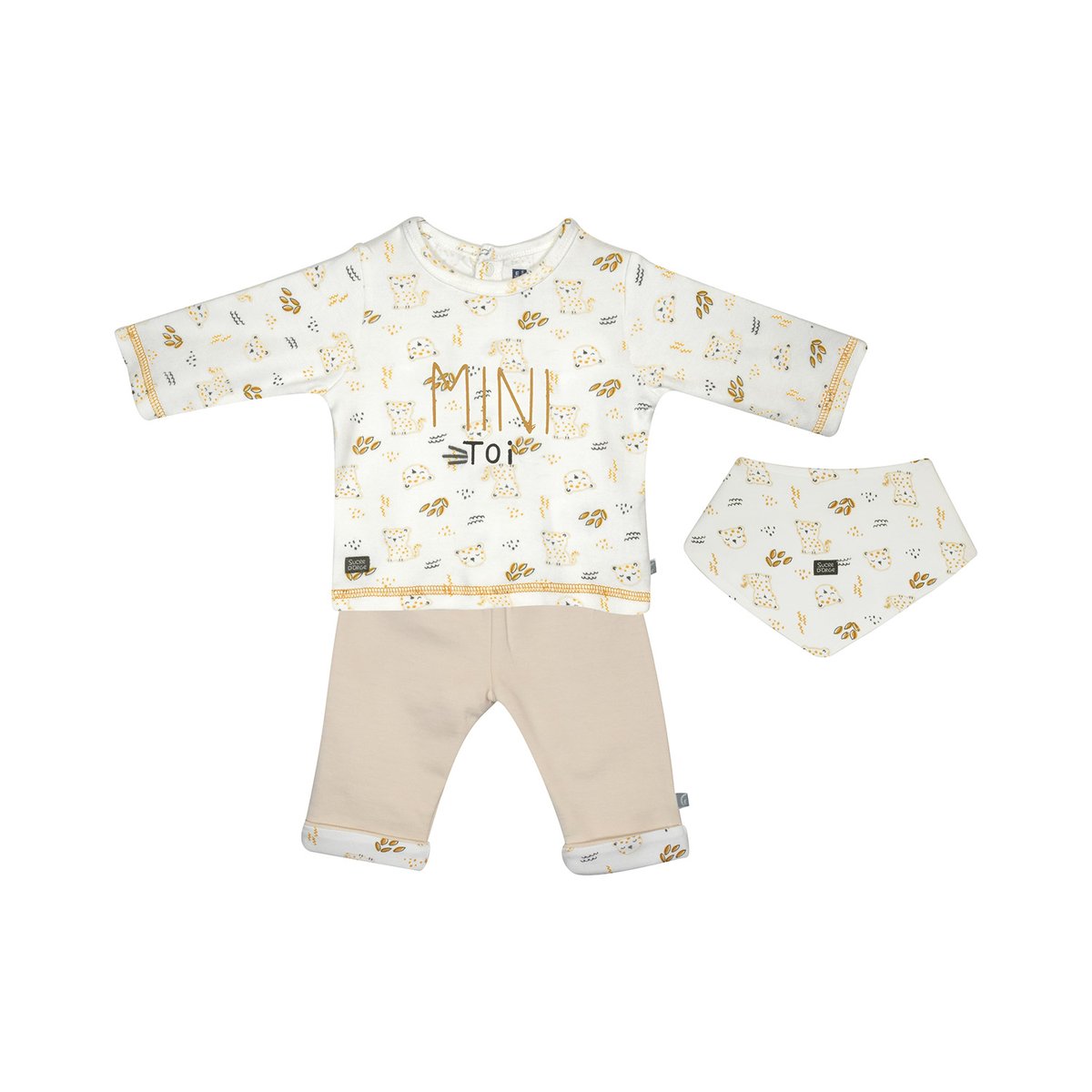 Ensemble tee shirt pantalon bavoir gibson maille manches longues naissance beige, SUCRE D'ORGE