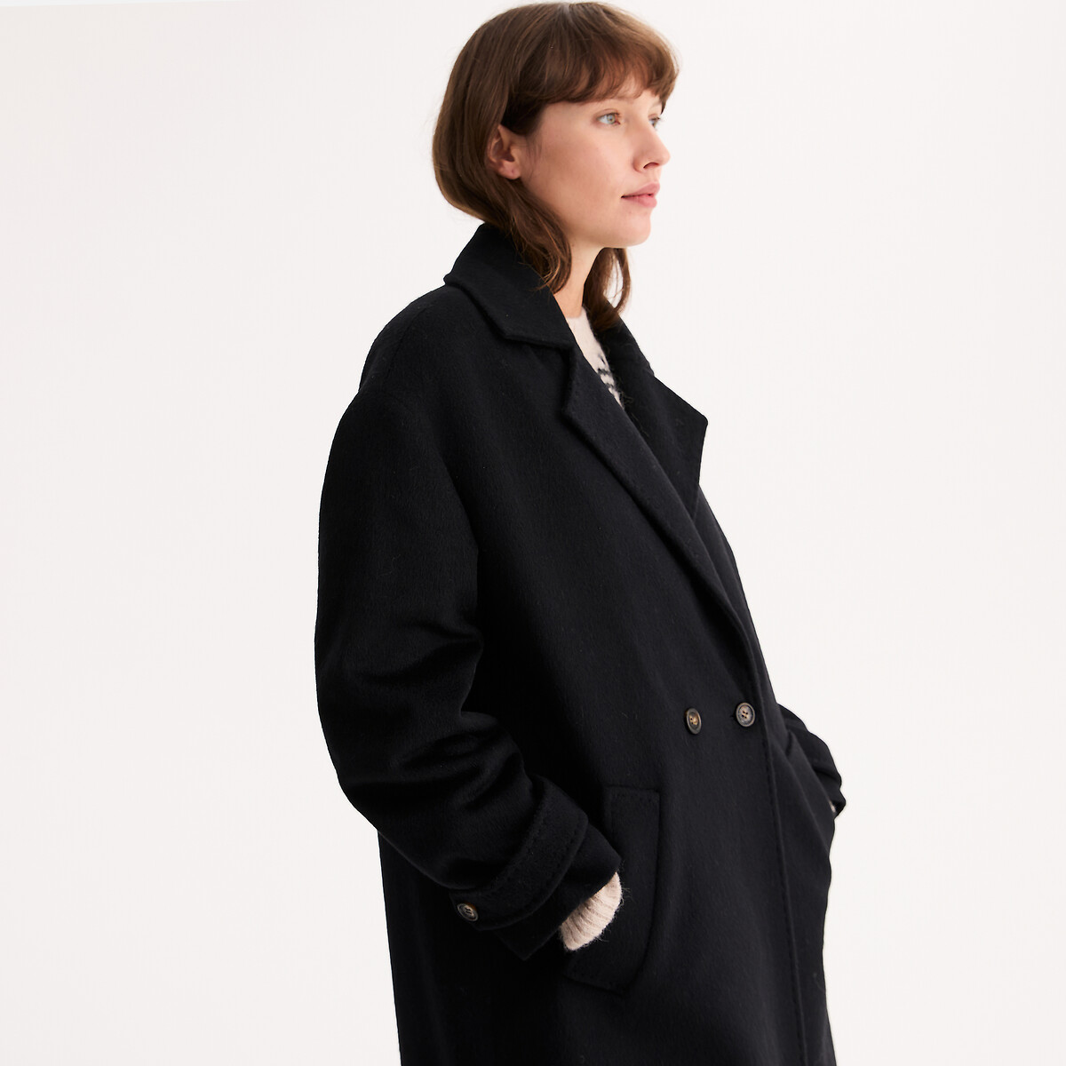Manteau long, fermeture boutonnée, drap de laine noir, ANNE WEYBURN