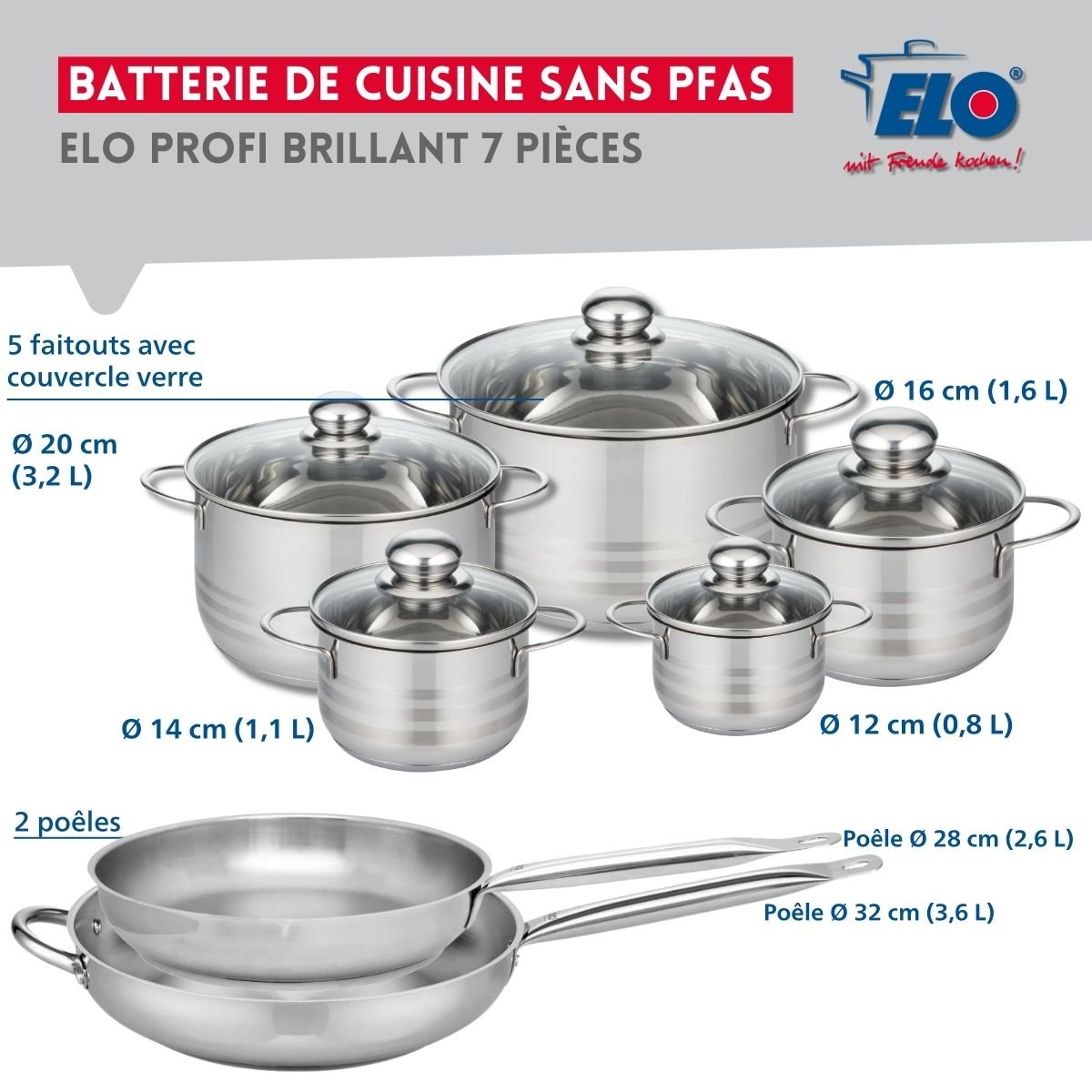 2 poêles 28/32cm + 5 faitouts 12/14/16/20/24cm PROFI BRILLANT inox, ELO