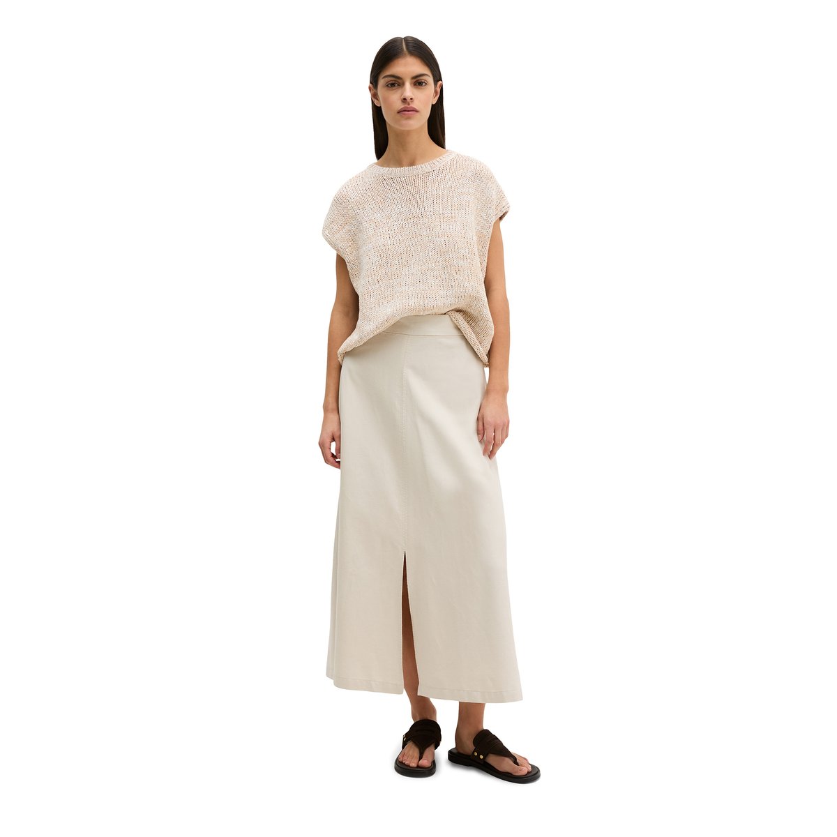 Jupe évasée à mi-mollet en mélange de coton bio, de lyocell et de lin gris clair, MARC O'POLO