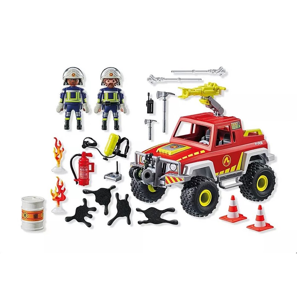 Véhicule de pompiers avec bidon d'essence enflammé véhicule de pompiers avec bidon d'essence enflammé, PLAYMOBIL