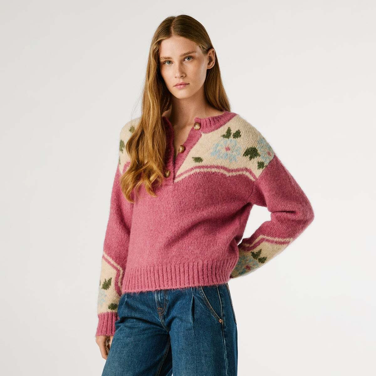 Pull À Col Rond Avec Fleurs rose ardoise, PEPE JEANS