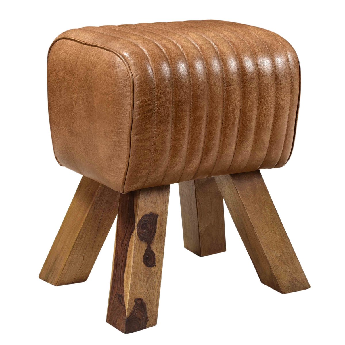 Tabouret en cuir de manguier - MORENA marron vieilli et pieds bois, MAISON PAVANE