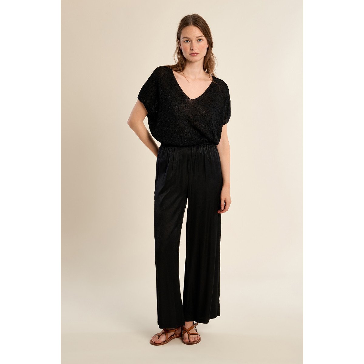 Pantalon large, effet satiné noir, MOLLY BRACKEN