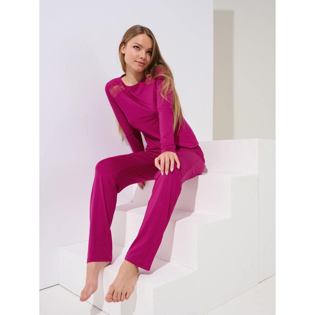 Pyjama pantalon top manches longues EVELYN magenta, LISCA