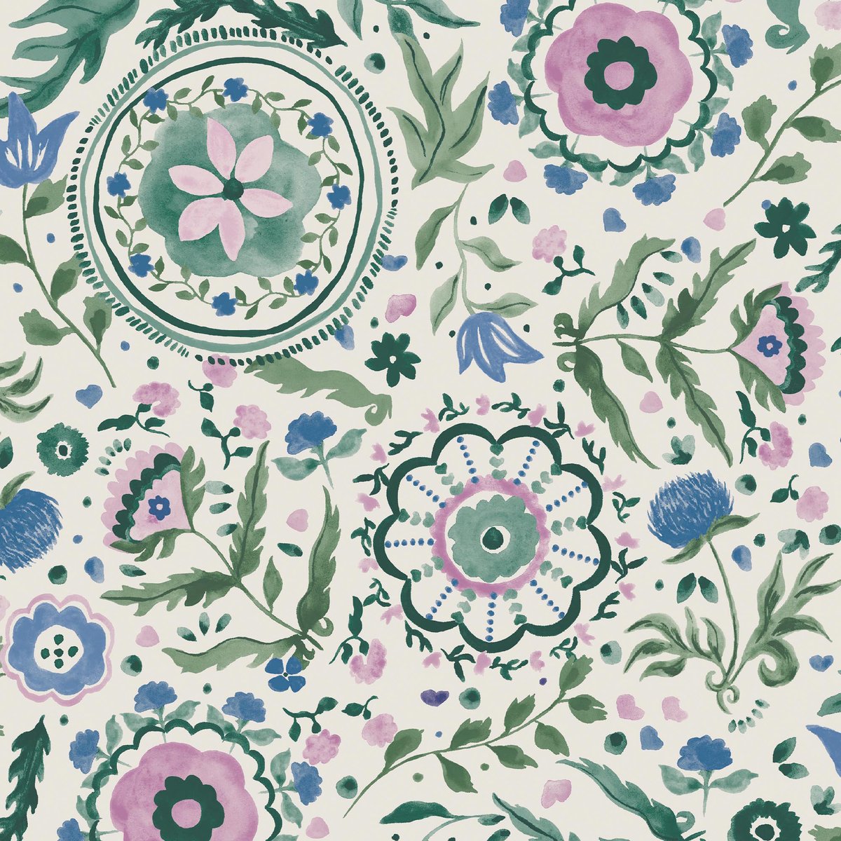 Papier peint Festival fleuri pastel multicolore à dominante verte, JOULES