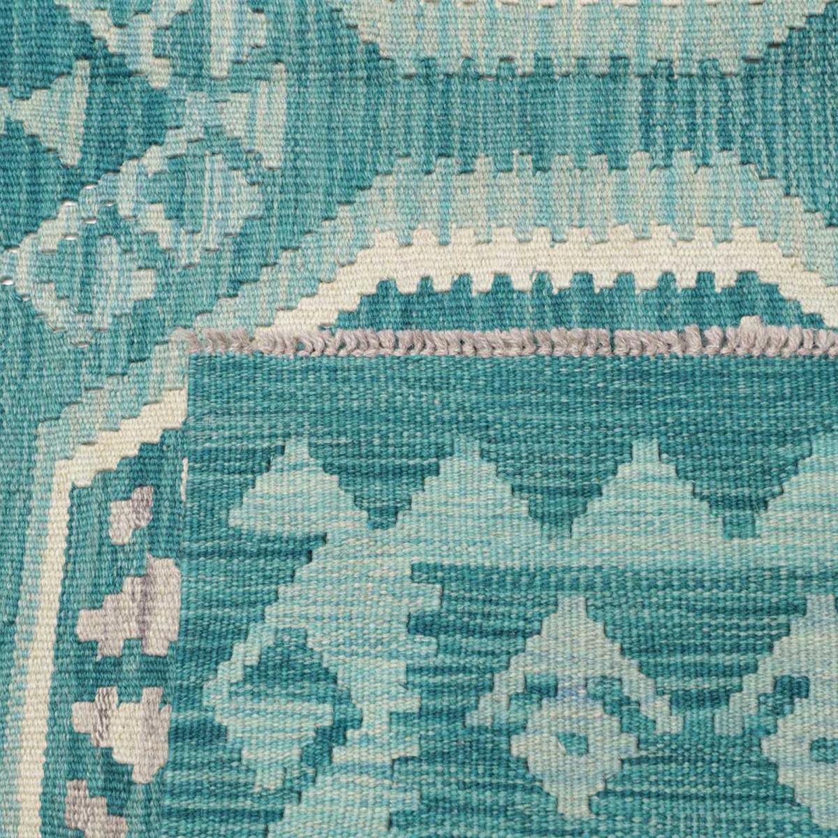 Tapis kilim, motif géométrique authentique, tissage plat en laine bleu, blanc, UN AMOUR DE TAPIS