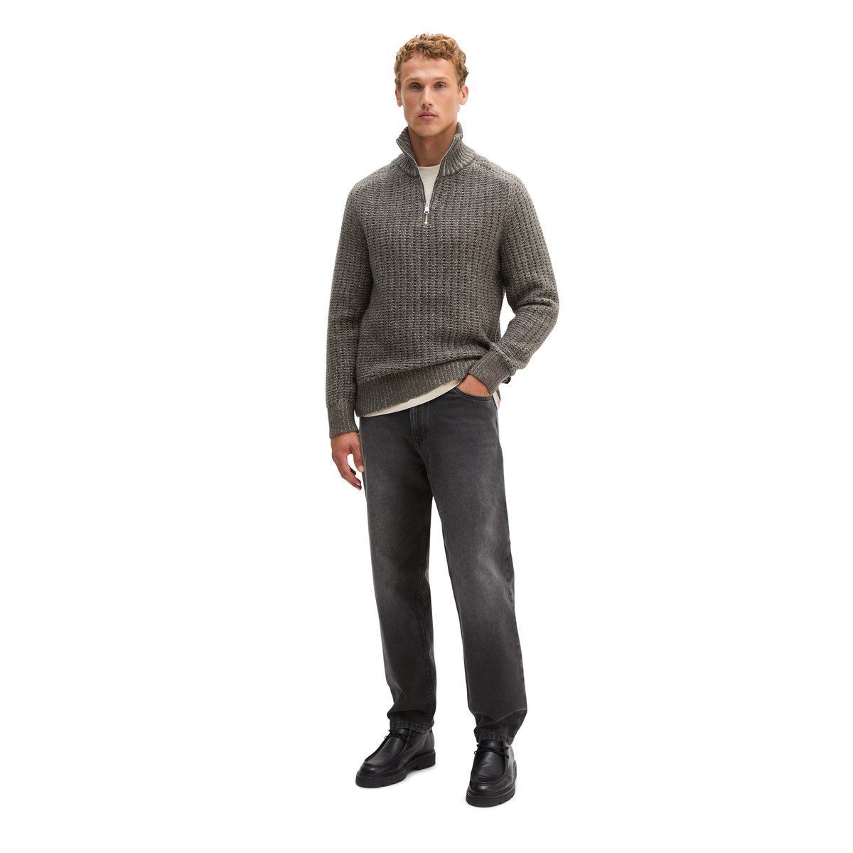 Pull à col roulé en maille, coupe classique en mélange de coton bio et de laine vierge marron, MARC O'POLO
