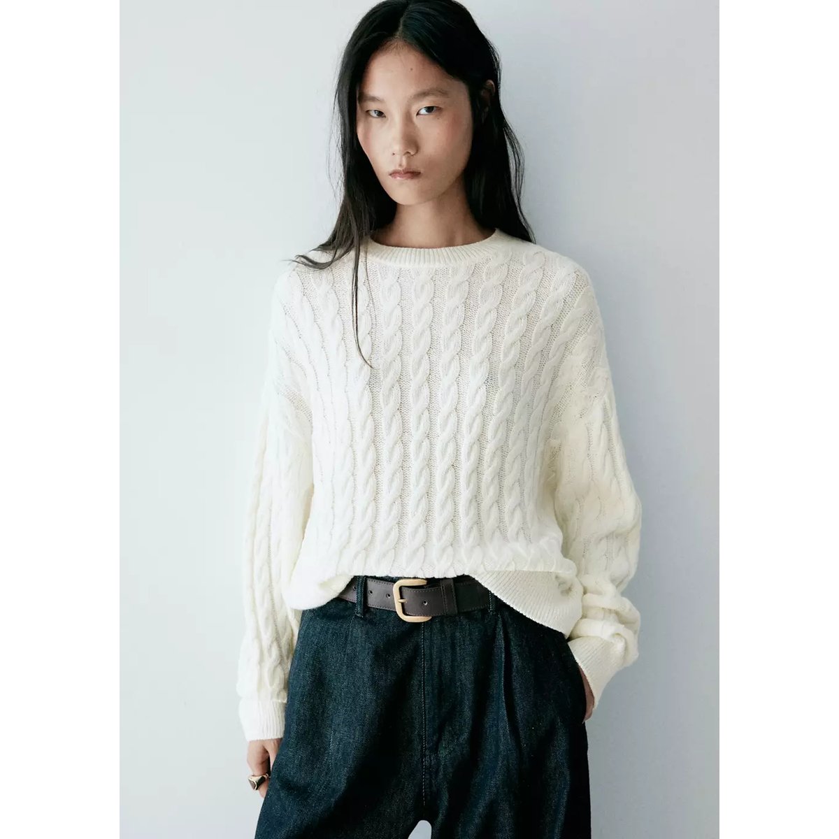 Pull-over maille tressée écru, MANGO