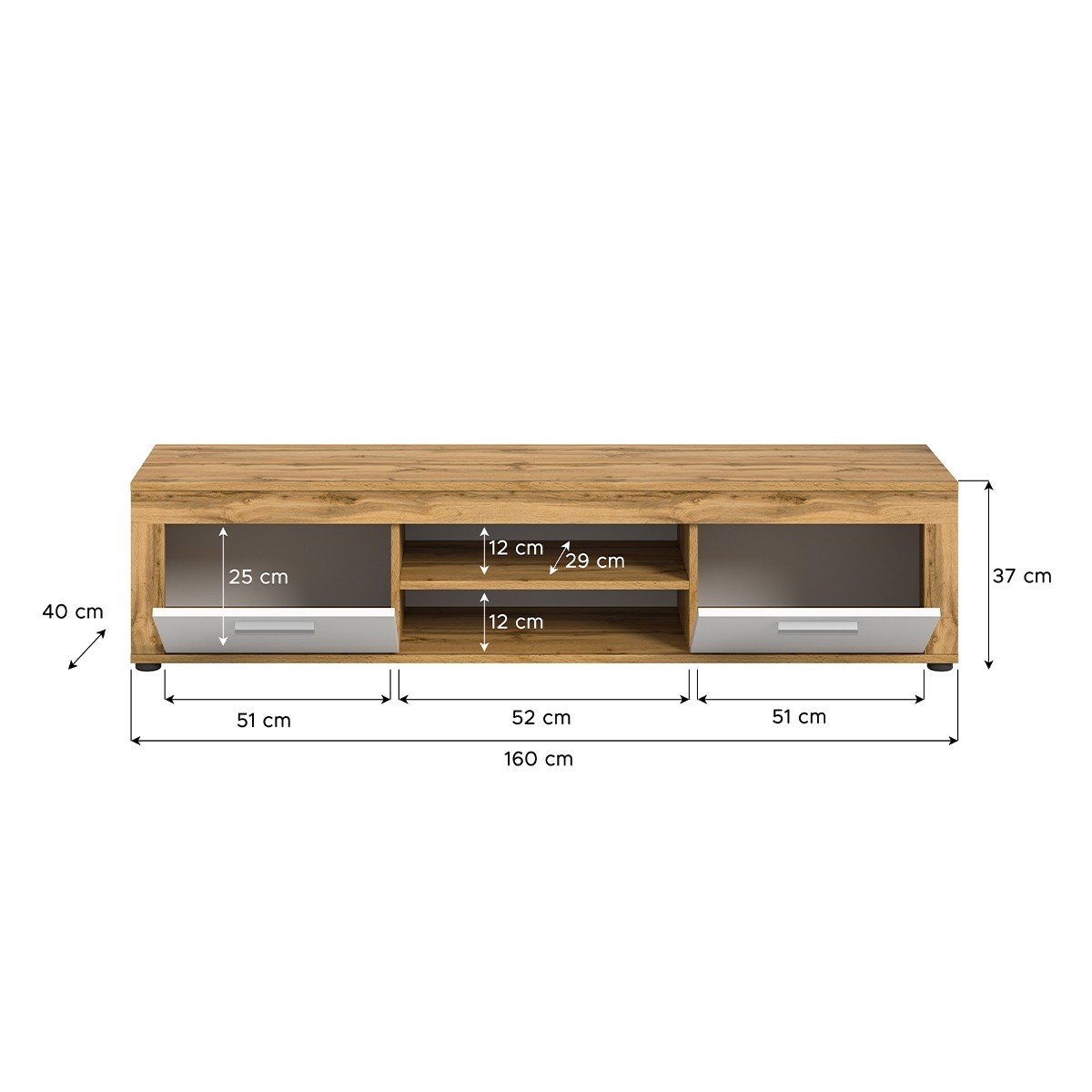 Meuble TV 2 portes abattantes et 2 niches blanc et chêne wotan L160 cm - AOSTA blanc, CALICOSY