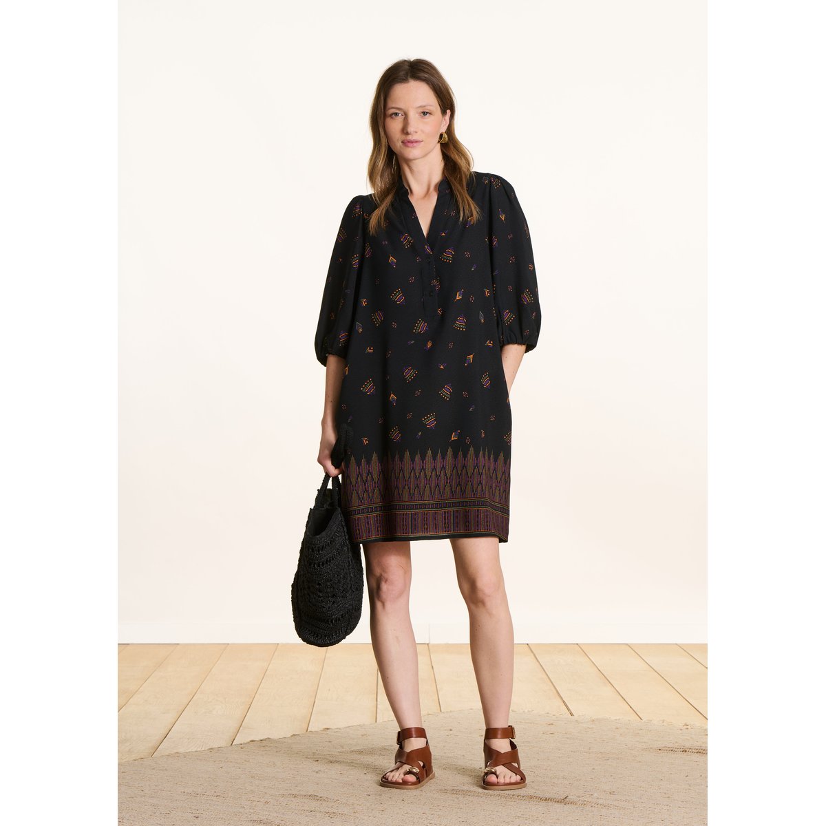 Robe courte ample à imprimé noir, LA FEE MARABOUTEE