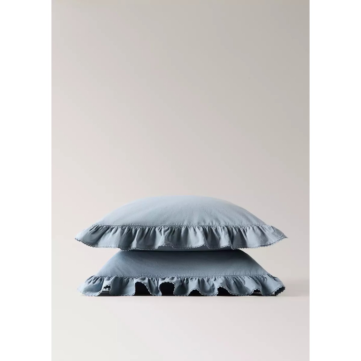 Deux taies d’oreiller coton lavé volant détail dentelle 60x60 cm bleu, MANGO HOME