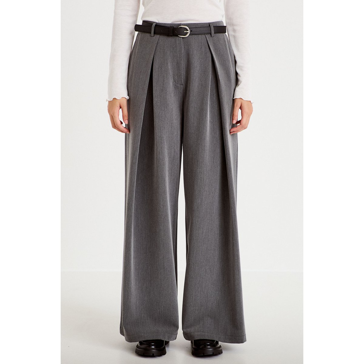 Pantalon large avec ceinture amovible gris clair, CACHE CACHE