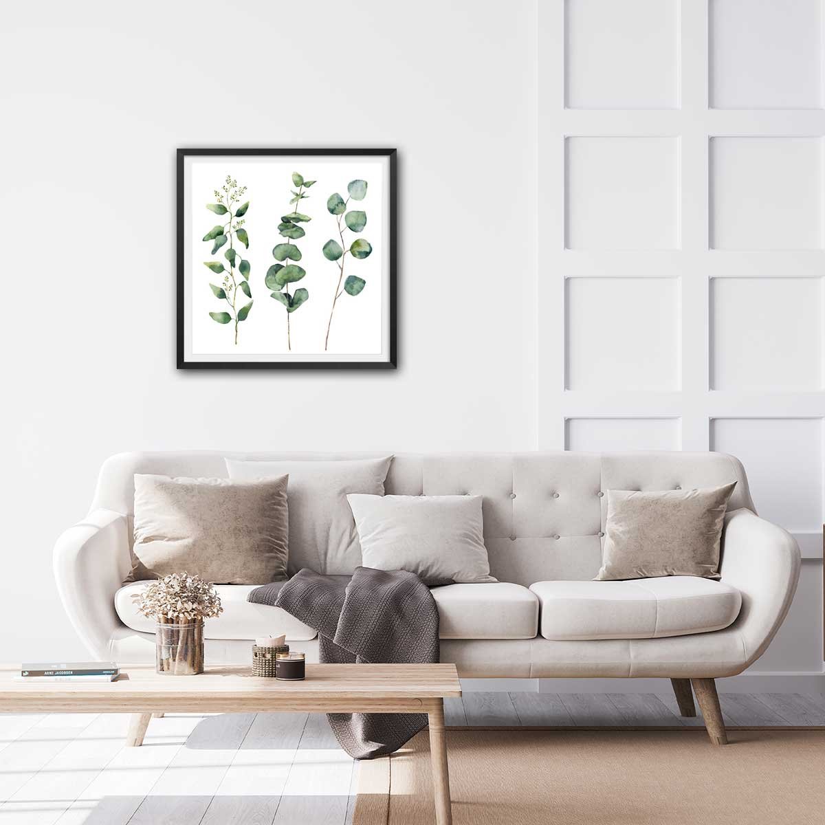 Affiche aquarelle eucalyptus affiche + cadre en bois - noir, HEXOA
