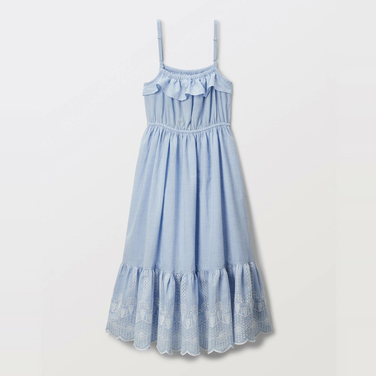 Robe longue à bretelles brodée en coton bleach denim, MONOPRIX