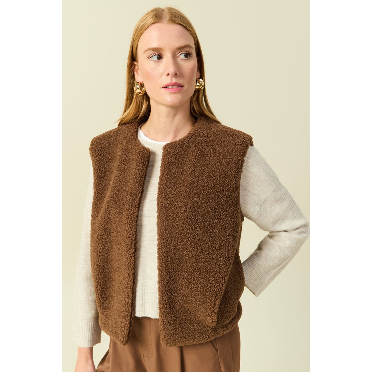 Gilet sans manches bouclette col rond marron, BONOBO
