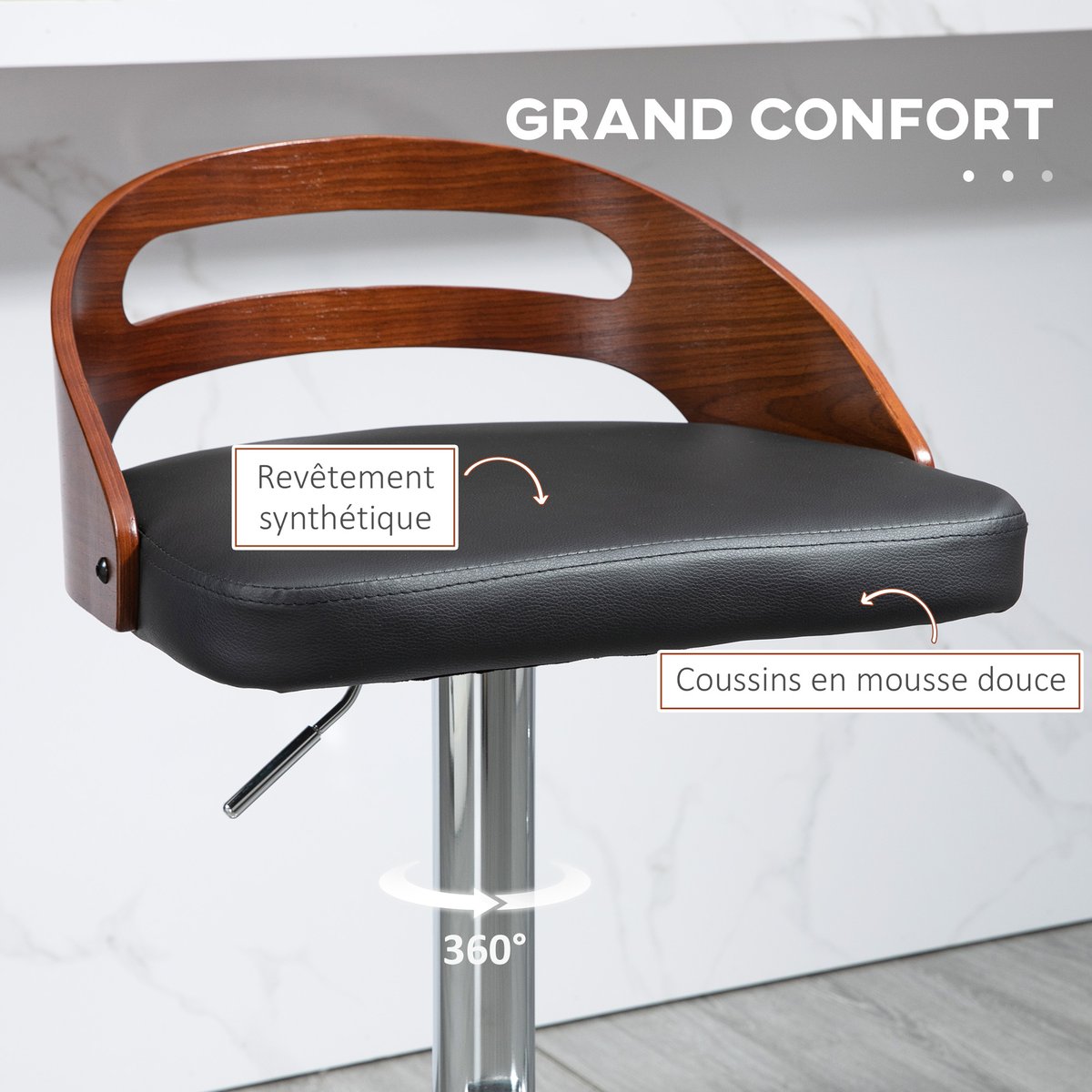 Tabouret de bar revêtement synthétique PU noir, aspect bois, chrome, HOMCOM