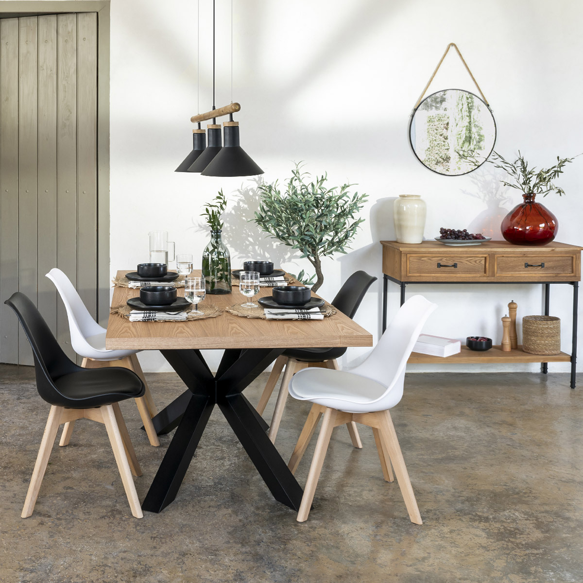 Console 2 tiroirs en bois sapin piètement fer DANIK marron, ATMOSPHERA