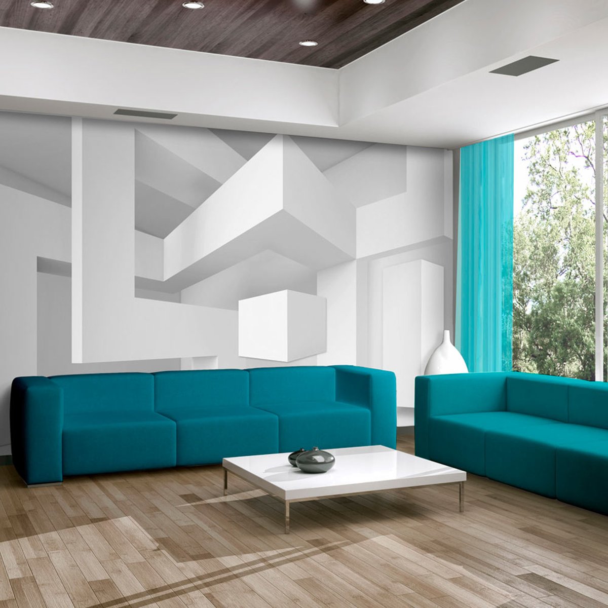Papier peint intissé panoramique 3D et Perspective White geometry blanc, EDEN
